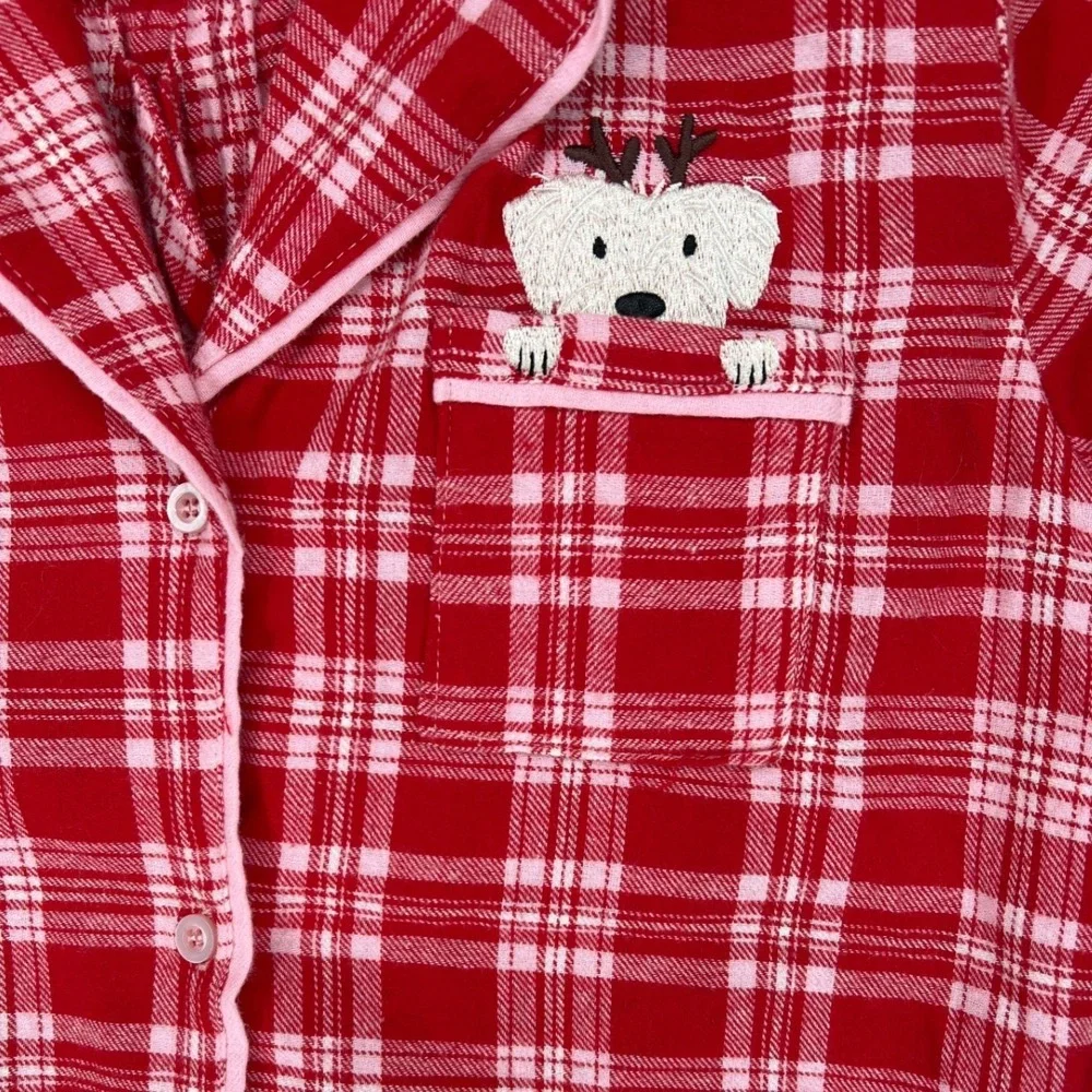 Happily Grey Red Plaid Flannel‎ Pajama Set Dog Embroidered Sleepwear Small EUC
